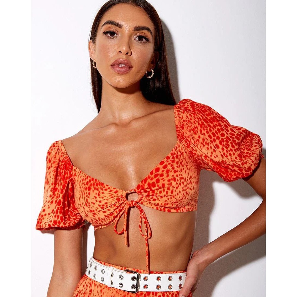 Motel Rocks Orange Leopard Print Tie Front Milkmaid Crop Top Small Short Sleeve